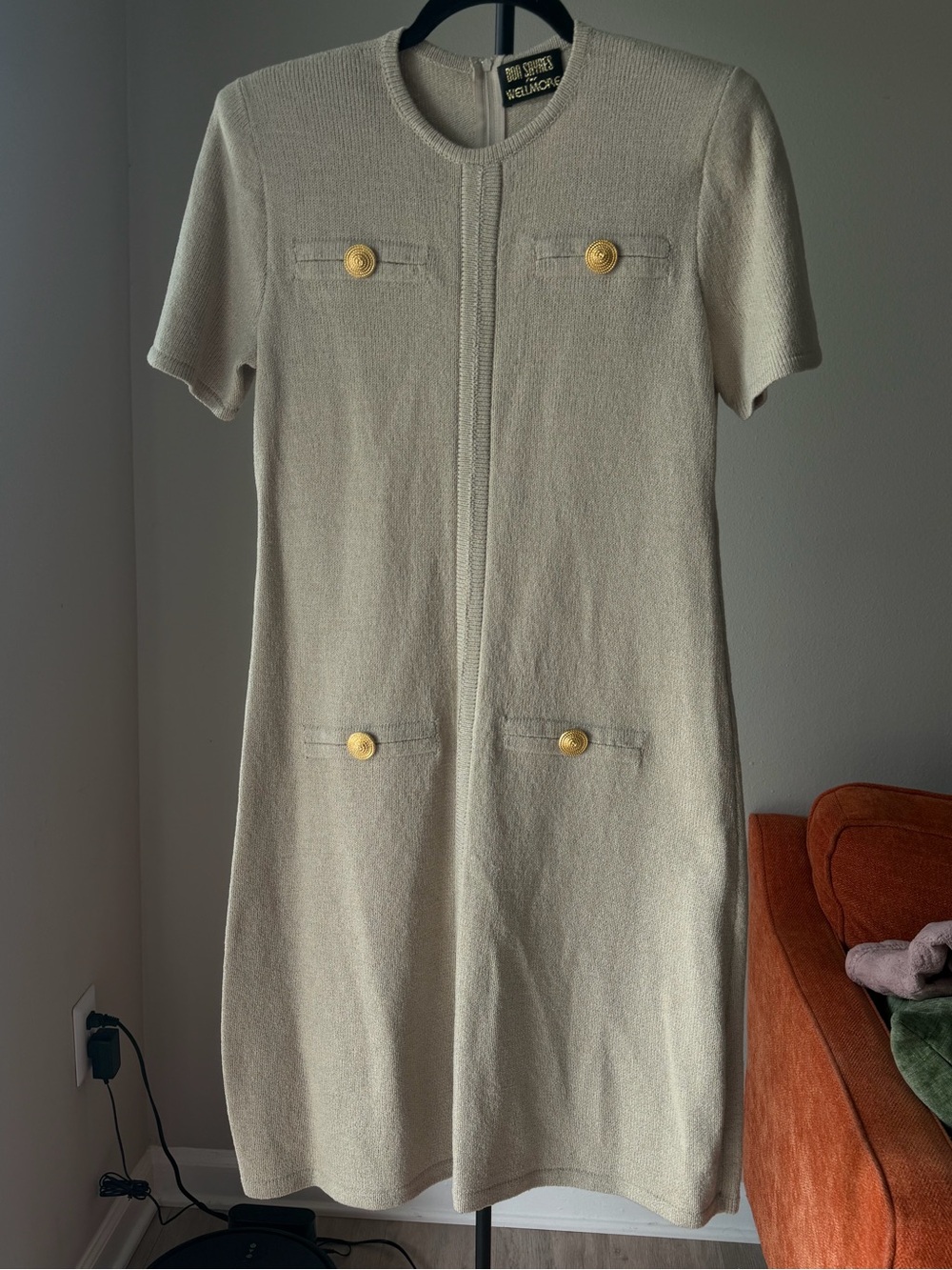 Willi Smith Cream Short-Sleeve Knit Dress with Gold Buttons